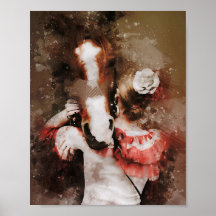 fille étreindre cheval belle aquarelle peinture