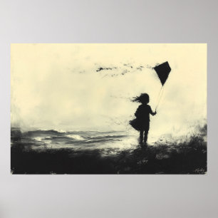 Poster Fille faisant voler un cerf-volant sur la rive au