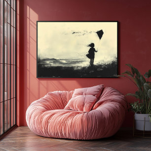 Poster Fille faisant voler un cerf-volant sur la rive au 