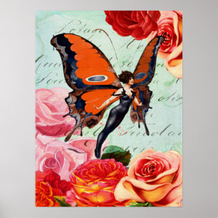 Poster Fille Fée Papillon Vintage Rose Fleurie Art