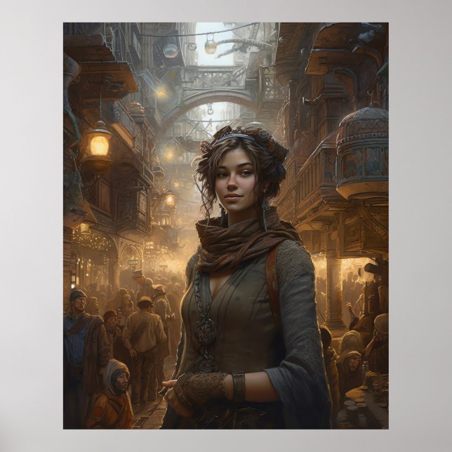 Poster Fille Flâner dans une rue Steampunk (Devant)