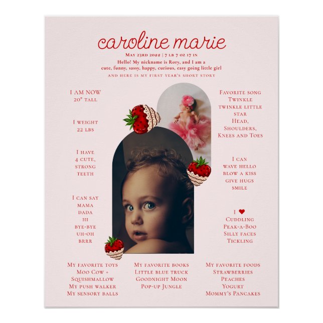 Poster Fille fraise 1er anniversaire Photo Jalon Board (Devant)