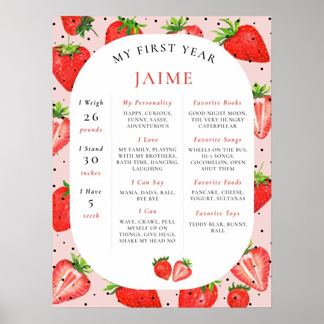 Poster Fille fraise Premier anniversaire Jalon rouge (Devant)