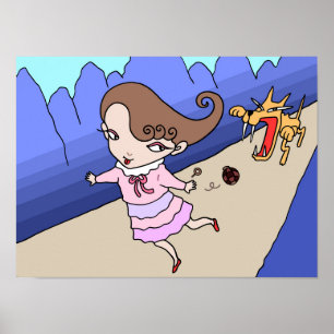 Poster Fille fuyant un loup féroce.
