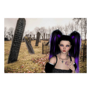 Poster Fille gothique dans le cimetière pour Halloween
