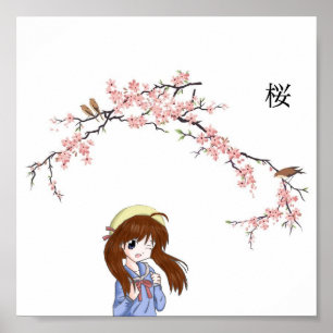 Poster Fille japonaise de fleurs de cerisier