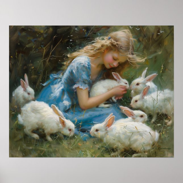 Poster Fille Jouant Avec Des Lapins Blancs À Pâques (Devant)