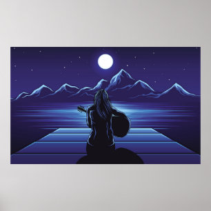 Poster Fille jouant de la guitare de nuit, fille, ciel, a
