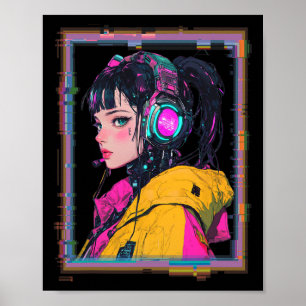 Poster Fille joueuse de manga cyberpunk 
