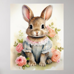 Poster Fille lapin antique shabby chic