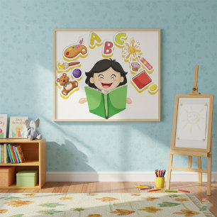 Poster Fille lisant et apprenant les lettres ABC, jouets 