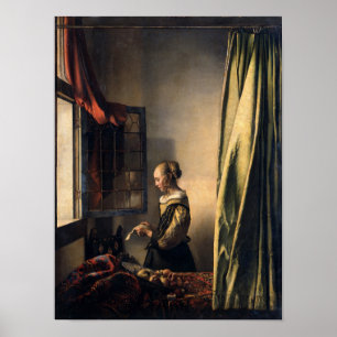 Poster Fille lisant une lettre à une fenêtre ouverte par