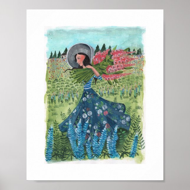 Poster Fille marchant à travers des fleurs de champs (Devant)