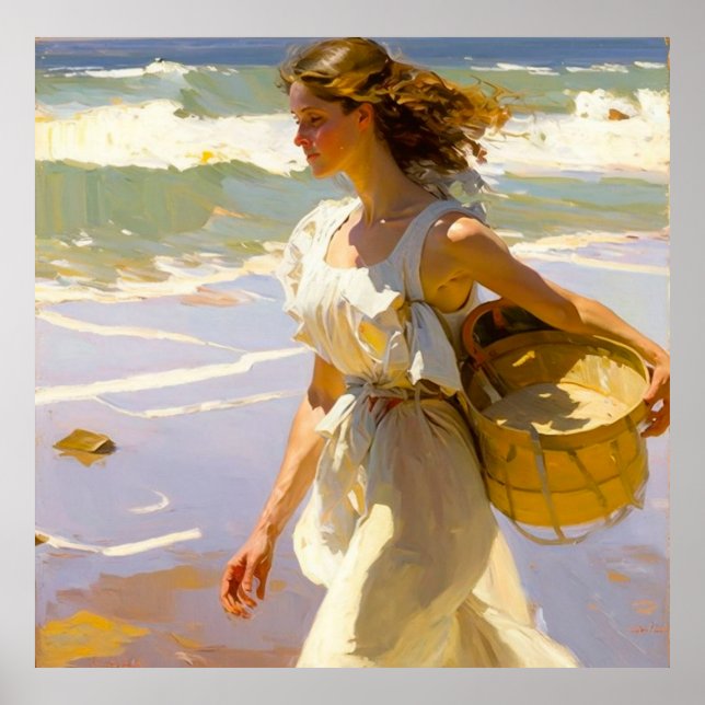 Poster Fille Marcher avec panier le long de la côte le jo (Devant)