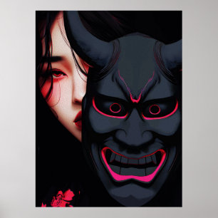 Poster Fille mystérieuse avec masque Oni Horreur japonais