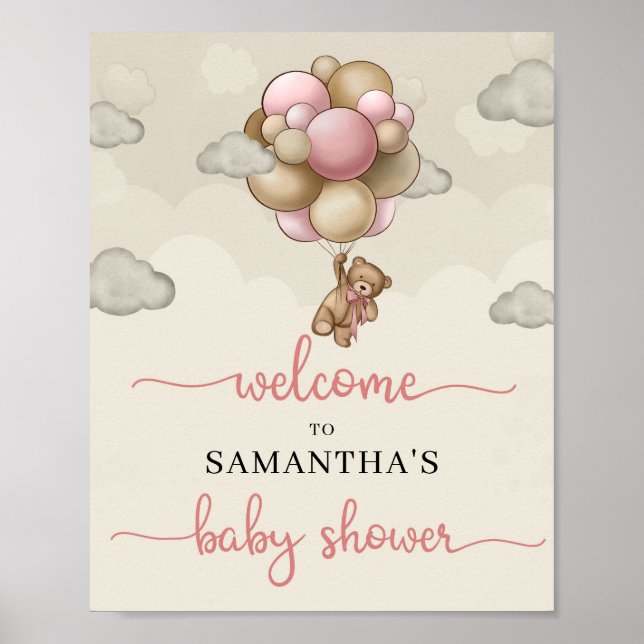 Poster Fille ours bébé ballons rose brun signe de bienven (Devant)