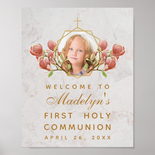 Poster Fille première communion Photo rose Magnolia Bienv (Devant)