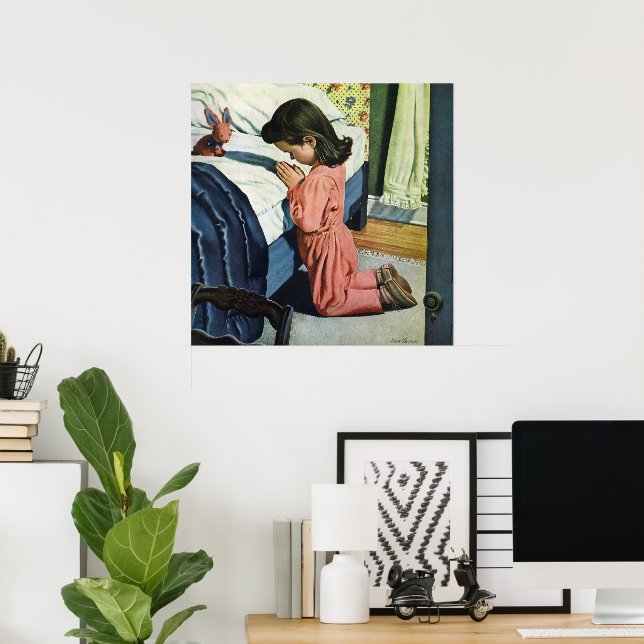 Poster Fille priant au coucher, la prière du Seigneur (Bureau à domicile)