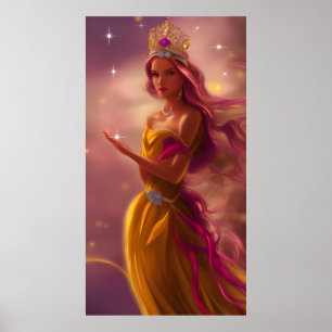 Poster Fille princesse rose couronne dorée conte de fée s