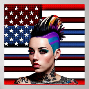 Poster Fille punk mohawk avec drapeau américain