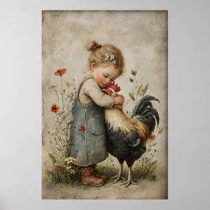 Poster Fille qui étreint un coq imprimable, poule rustiqu