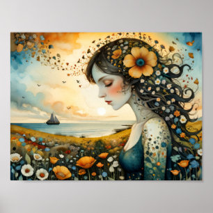 Poster Fille rêvant de naviguer sur une mer de fleurs