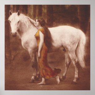 Poster Fille romantique victorienne avec le cheval blanc