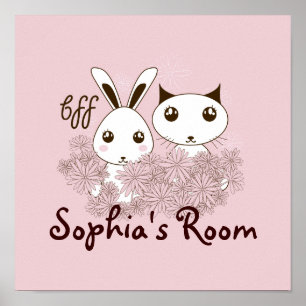 Poster Fille rose BFF mignonne Cartoon Kitten et Bunny Ki