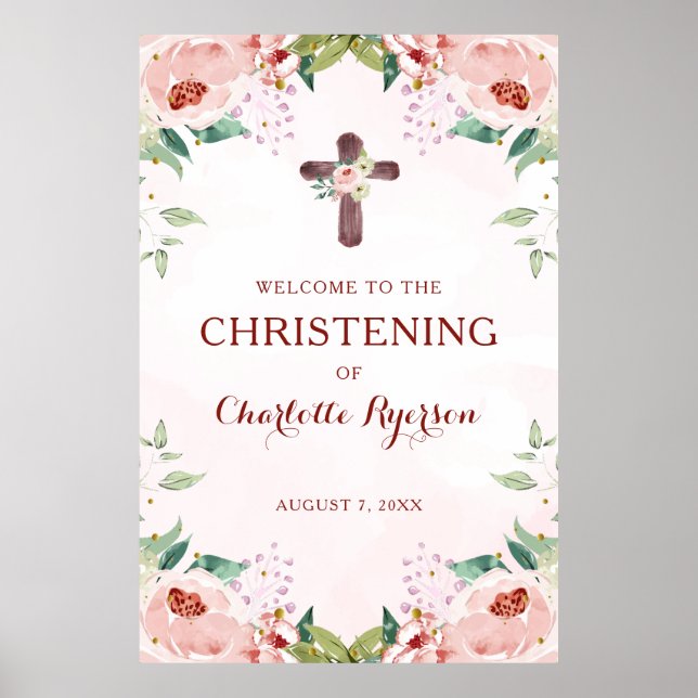 Poster Fille rose Floral Christening Bienvenue (Devant)