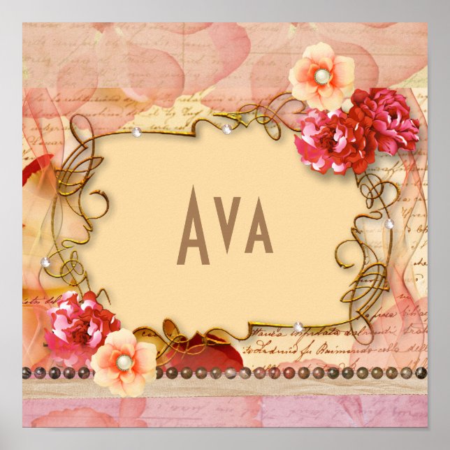Poster Fille rose Floral Nom personnalisé Monogramme (Devant)