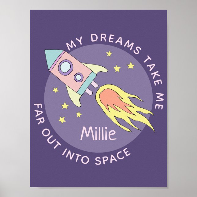 Poster Fille Rose Fusée Spatiale et Nom Enfants (Devant)