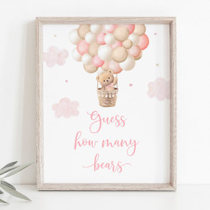 Poster Fille Rose Teddy Ours Baby shower Devinez Combien