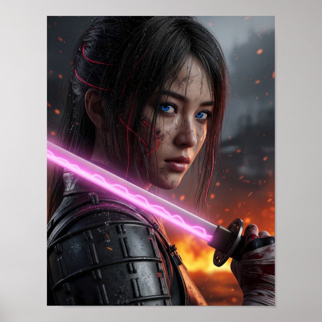 Poster Fille Samouraï Cyberpunk (Devant)