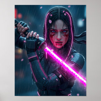 Poster Fille Samouraï Cyberpunk