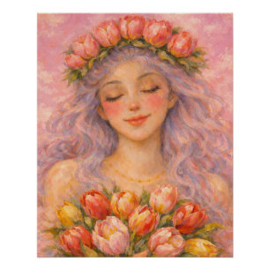 Poster Fille sereine aux tulipes roses 