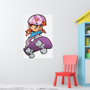 Poster Fille skatrice casque rose planche à roulettes