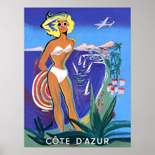 Poster Fille sur la plage, Côte d'Azur française