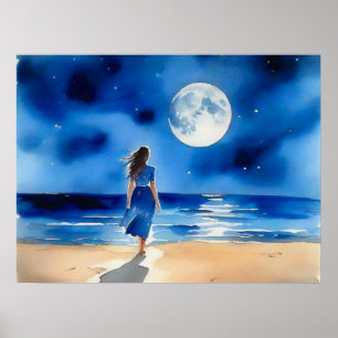 Poster Fille sur la plage sous une Pleine lune