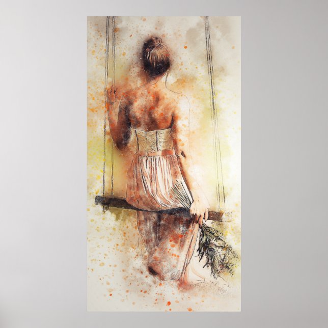Poster Fille sur une aquarelle pivotante (Devant)
