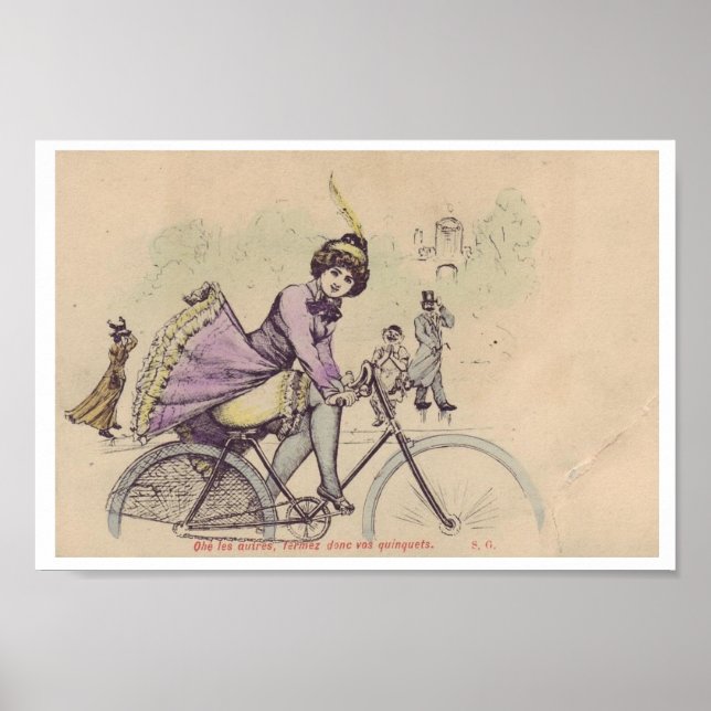 Poster Fille sur une jupe de vélo soufflant dans le vent (Devant)
