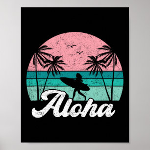 Poster Fille surfeuse Aloha Hawaï Surf hawaïen vintage