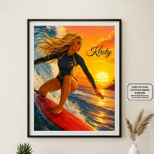 Poster Fille surfeuse Coucher de soleil Nom personnalisé