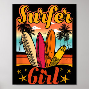Poster Fille surfeuse plage rétro 70s vintage surf