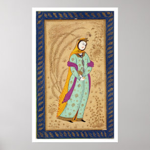 Poster Fille tenant un navire de vin et une poire, de la