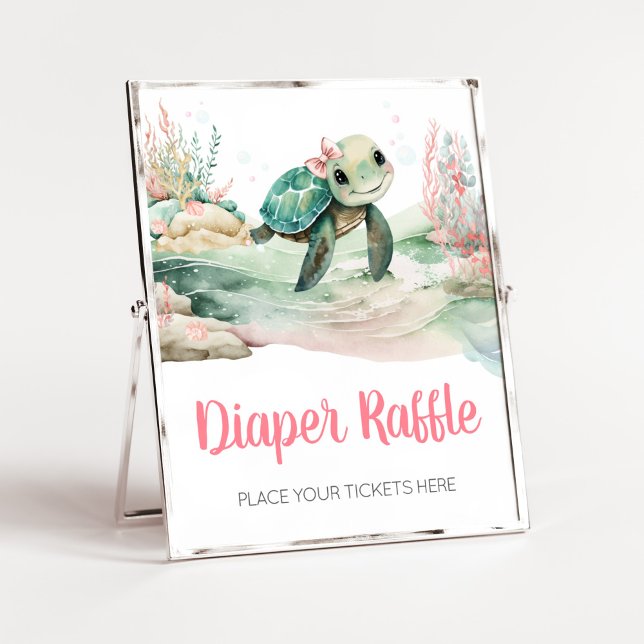 Poster Fille Tortue de mer Baby shower Déchets Raffle (A Little Hatching Is On the Way Baby Shower Diaper Raffle Sign)
