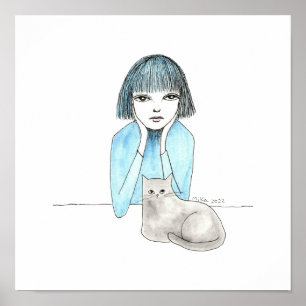 Poster Fille triste avec un chat noir grands yeux sombre