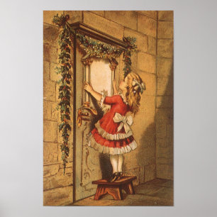 Poster Fille victorienne de Noël vintage accrochant une g