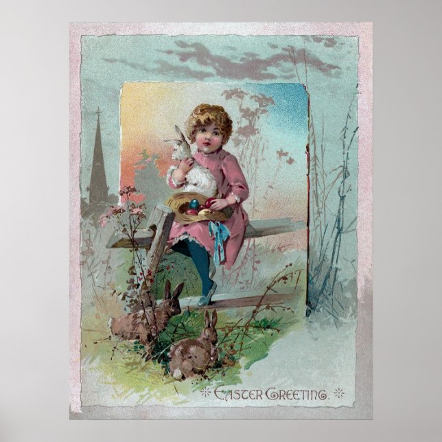 Poster Fille victorienne sur clôture avec lapins de Pâque (Devant)