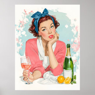 Poster Fille Vintage avec Champagne Rose