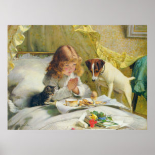 Poster Fille Vintage en prière avec Chat & Chien Art Susp